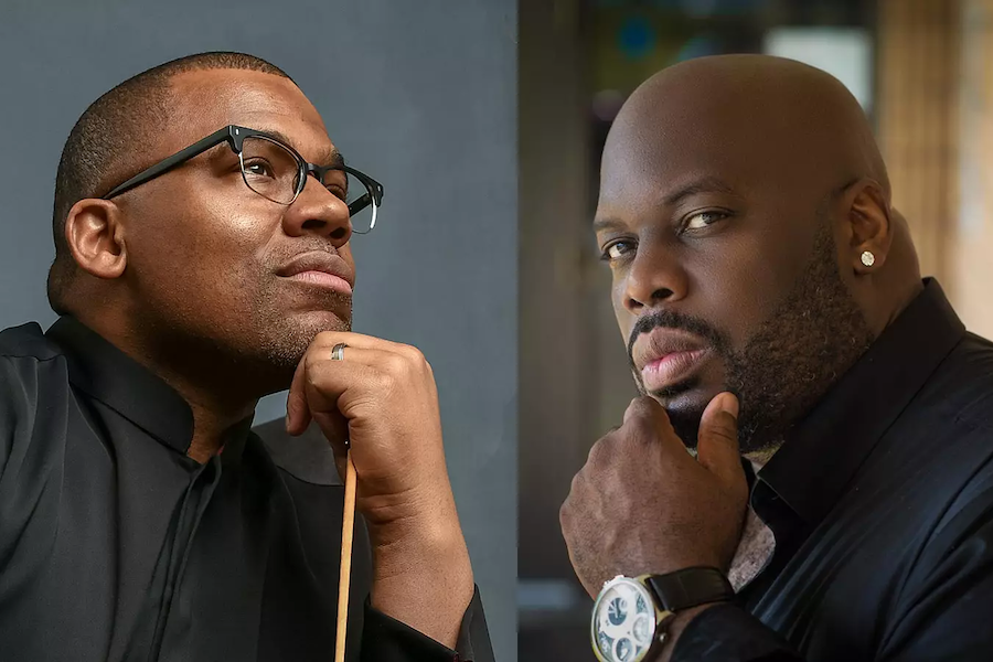 Side-by-side portraits of two men. The left man, wearing glasses and a dark shirt, poses thoughtfully with a hand under his chin. The right man, bald with a beard, also poses thoughtfully with his hand under his chin, wearing a dark shirt and a large watch.