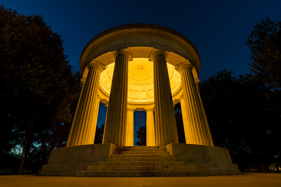 DC War Memorial lit at dusk