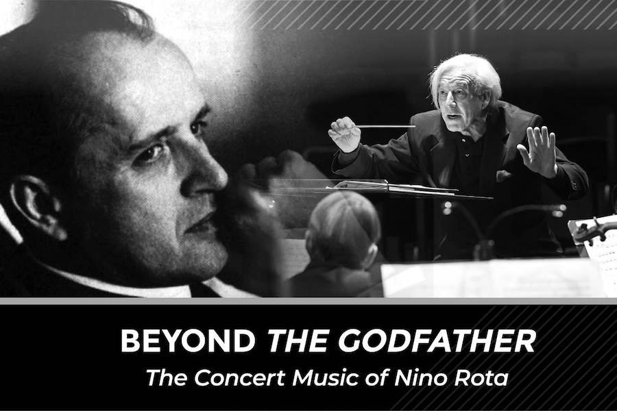 A black-and-white promotional graphic featuring composer Nino Rota and a conductor, advertising a concert of his music beyond The Godfather soundtrack.