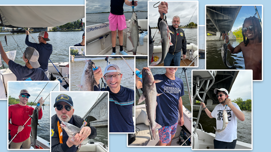 A collage of people fishing on a boat and under a bridge in Washington, DC, proudly holding up their catches.